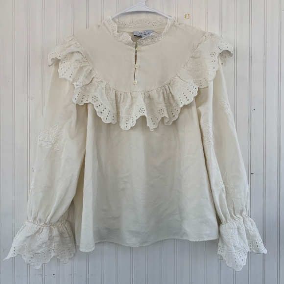 & Other Stories Women's Cream Embroidered Overlay Blouse Floral Eyelet Size 12 - Picture 3 of 11